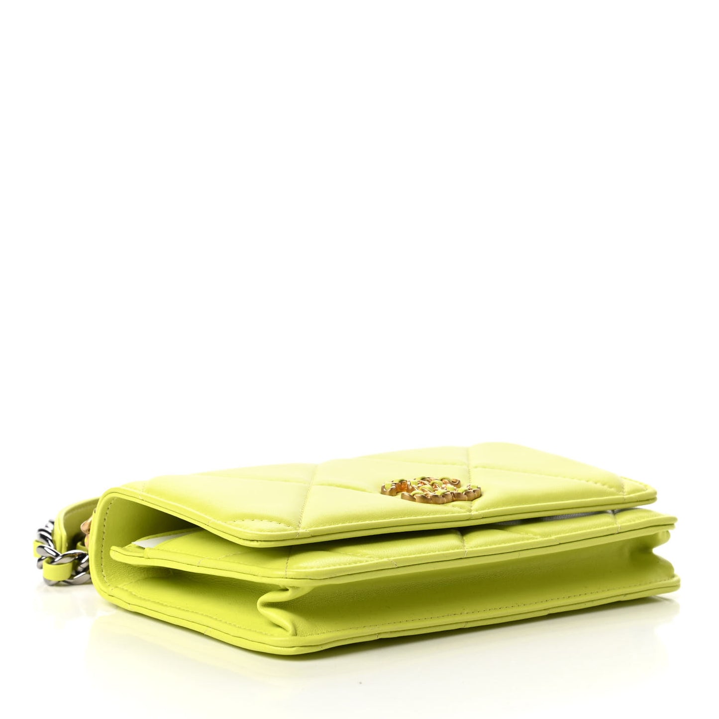Shiny Lambskin Quilted Chanel 19 Wallet On Chain WOC Neon Yellow