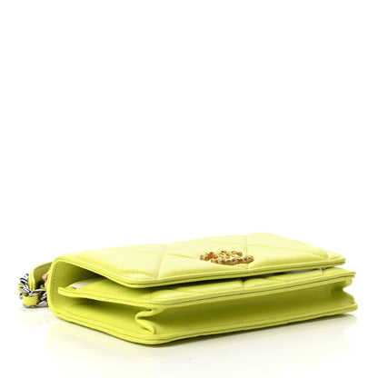 Chanel Shiny Lambskin Quilted Chanel 19 Wallet On Chain WOC Neon Yellow 4 of 12