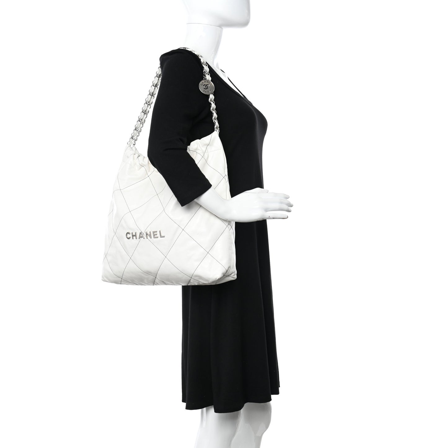 Shiny Calfskin Quilted Chanel 22 White Black