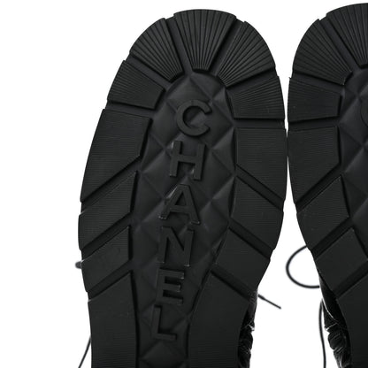 Chanel Shiny Calfskin Patent Quilted Chain Lace Up Combat Long Boots 37 Black 9 of 11
