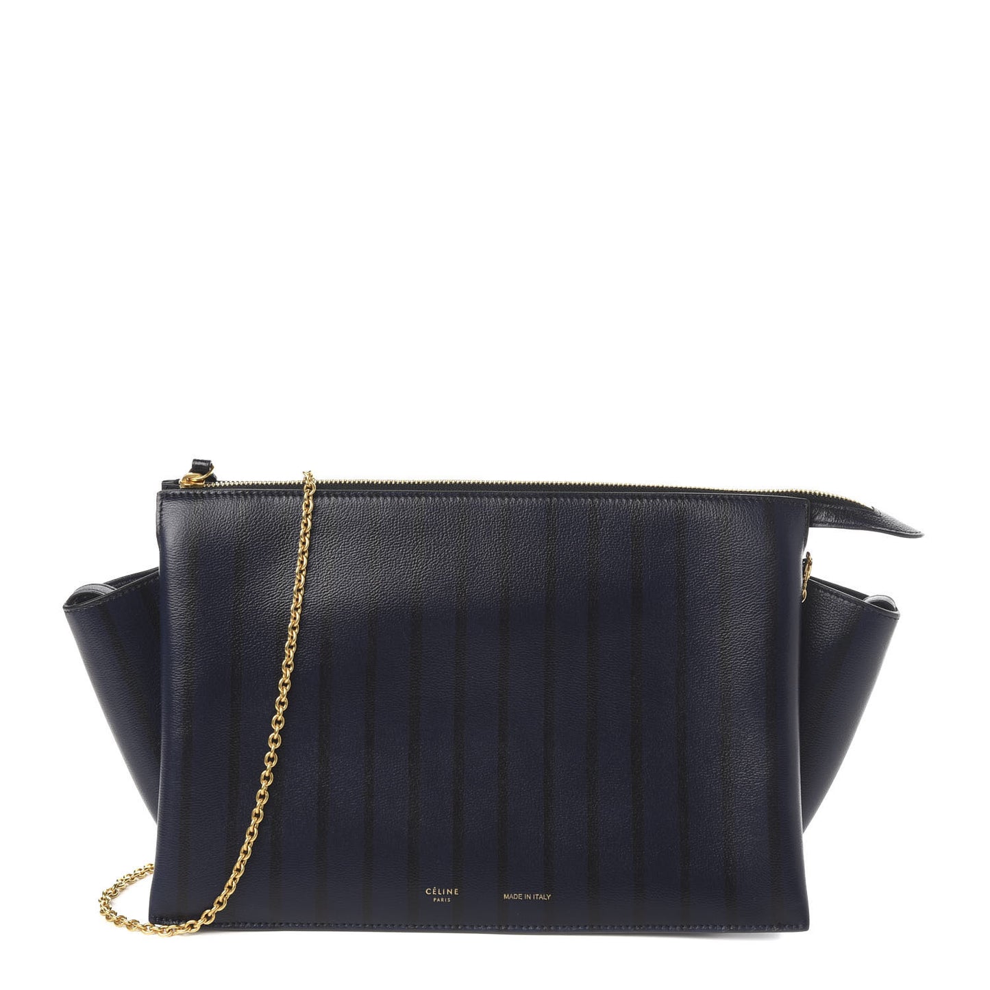 Grained Calfskin Striped Tri-Fold Clutch Midnight