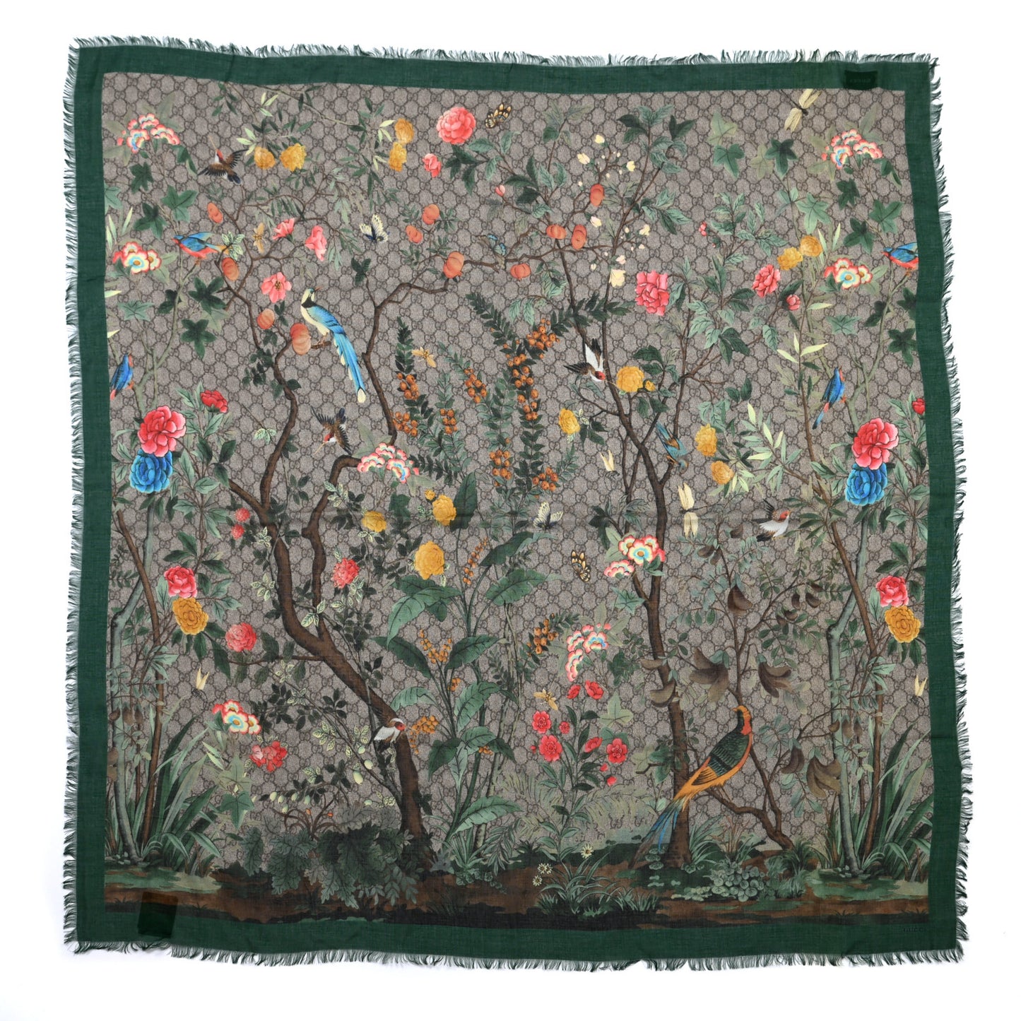 Modal Silk GG Monogram GG Tian Shawl Scarf Green Dark Green