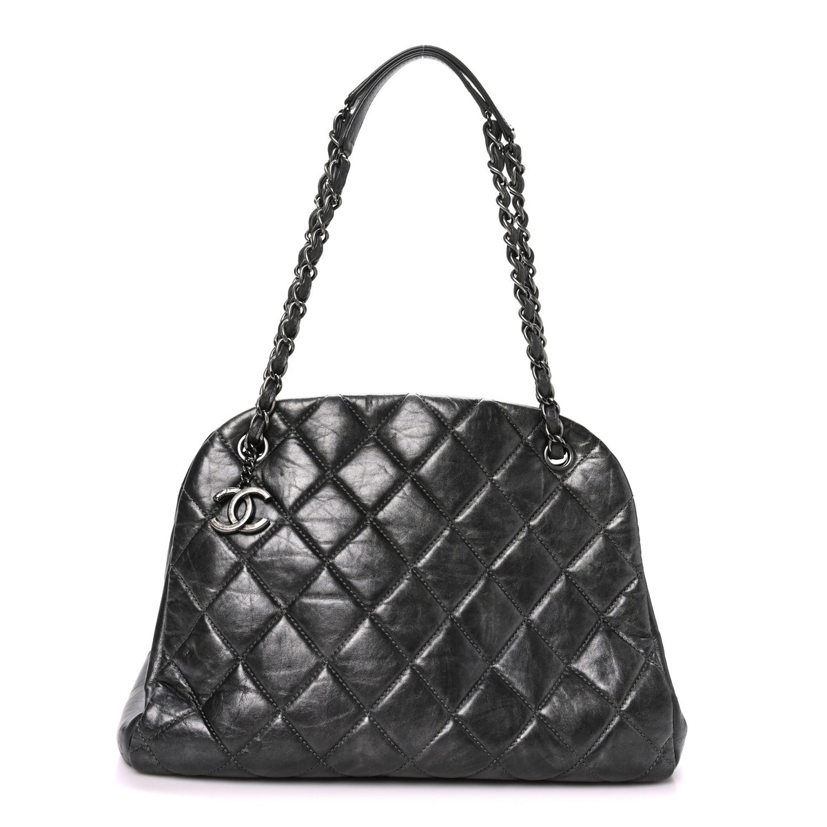 Iridescent Aged Calfskin Quilted Large Mademoiselle Bowling Bag Grey