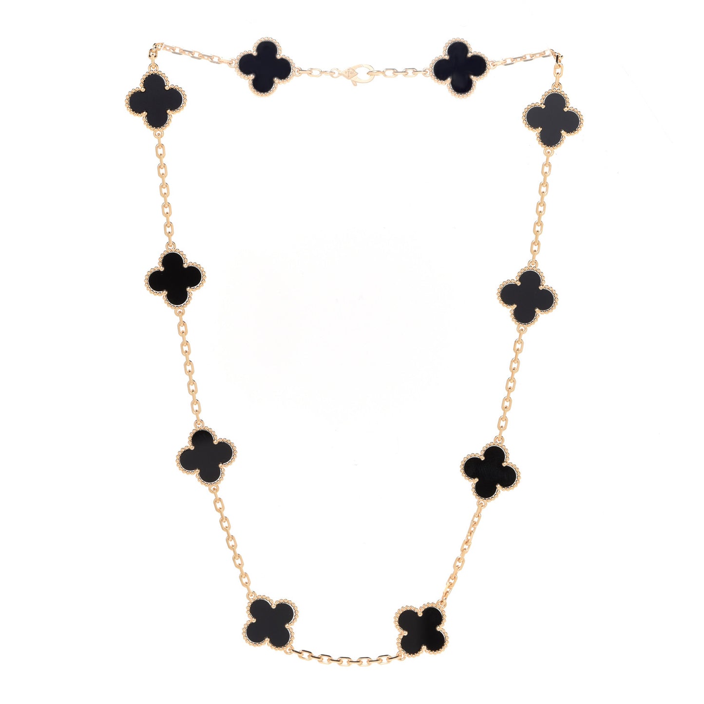 18K Yellow Gold Black Onyx 10 Motifs Vintage Alhambra Necklace