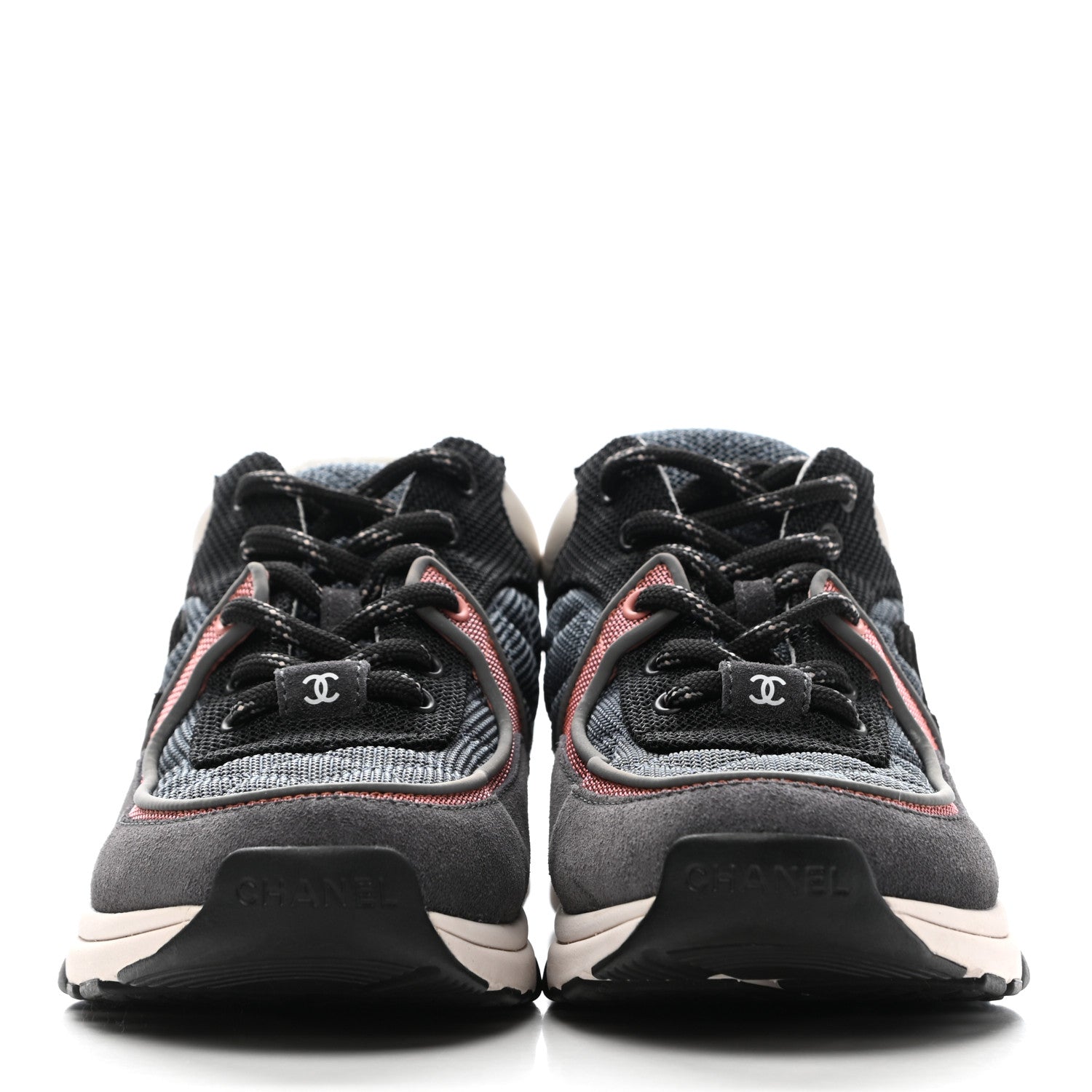 Chanel Nylon Calfskin Suede Womens CC Sneakers 37 Grey Pink 2 of 12