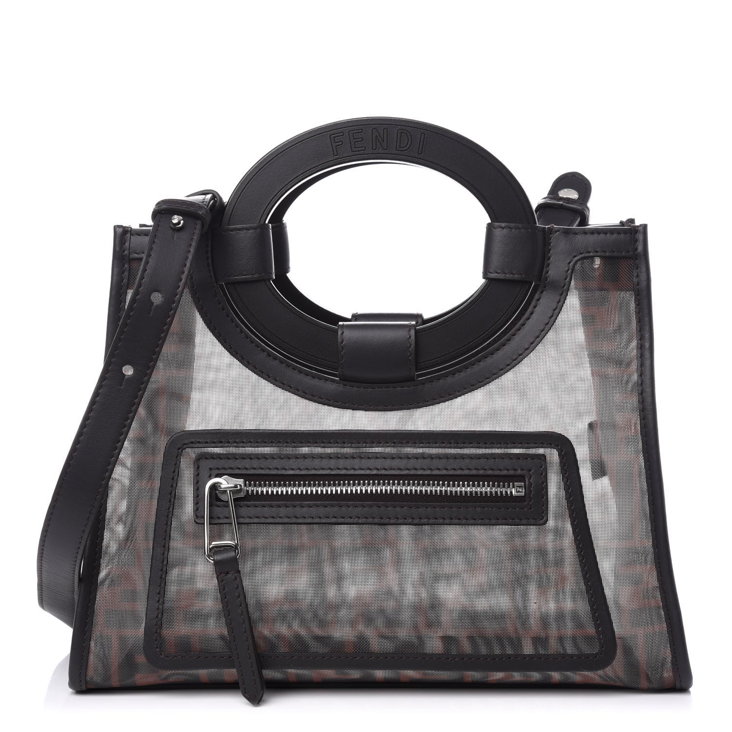 Fendi Mesh Vitello Century Cuoio FF 1974 Small Runaway Shopper Tote Marrone Black Ebano 1 of 9