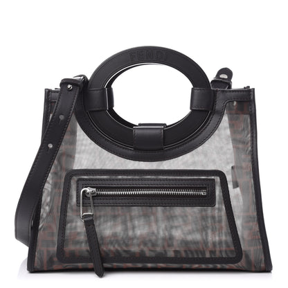 Fendi Mesh Vitello Century Cuoio FF 1974 Small Runaway Shopper Tote Marrone Black Ebano 1 of 9