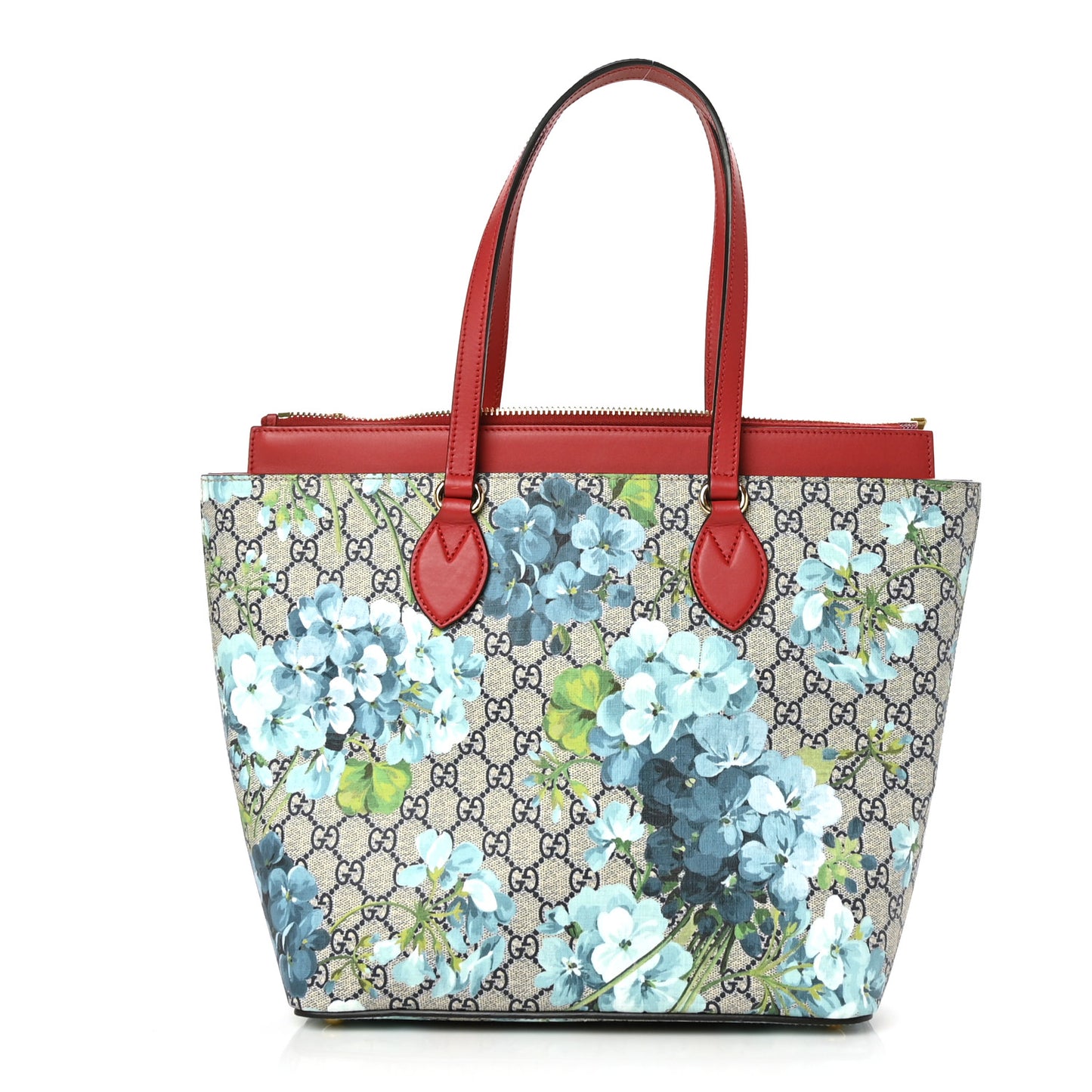 GG Supreme Monogram Blooms Medium Zippered Bucket Tote Beige Blue Navy Hibiscus Red