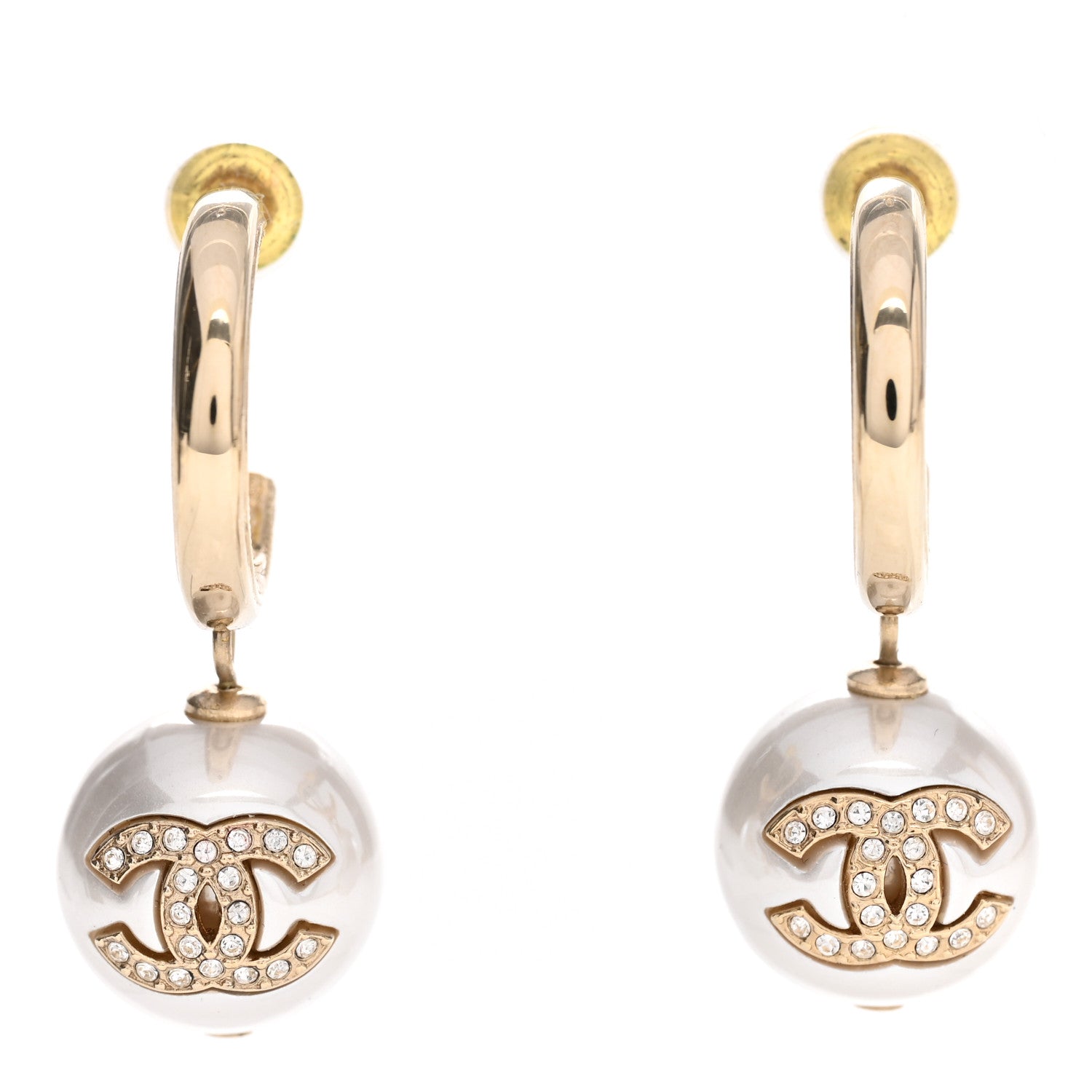 Chanel Pearl Crystal CC Drop Earrings Gold Pearly White 1 of 4