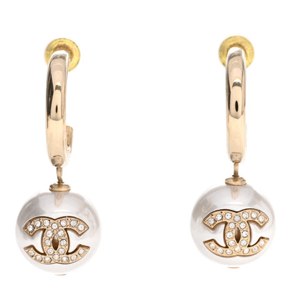 Chanel Pearl Crystal CC Drop Earrings Gold Pearly White 1 of 4
