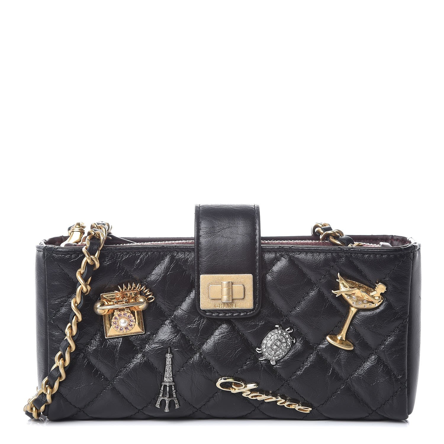 Chanel Aged Calfskin Quilted Lucky Charms Mini Phone Holder Clutch Black 1 of 8