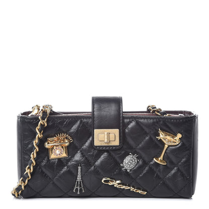 Chanel Aged Calfskin Quilted Lucky Charms Mini Phone Holder Clutch Black 1 of 8