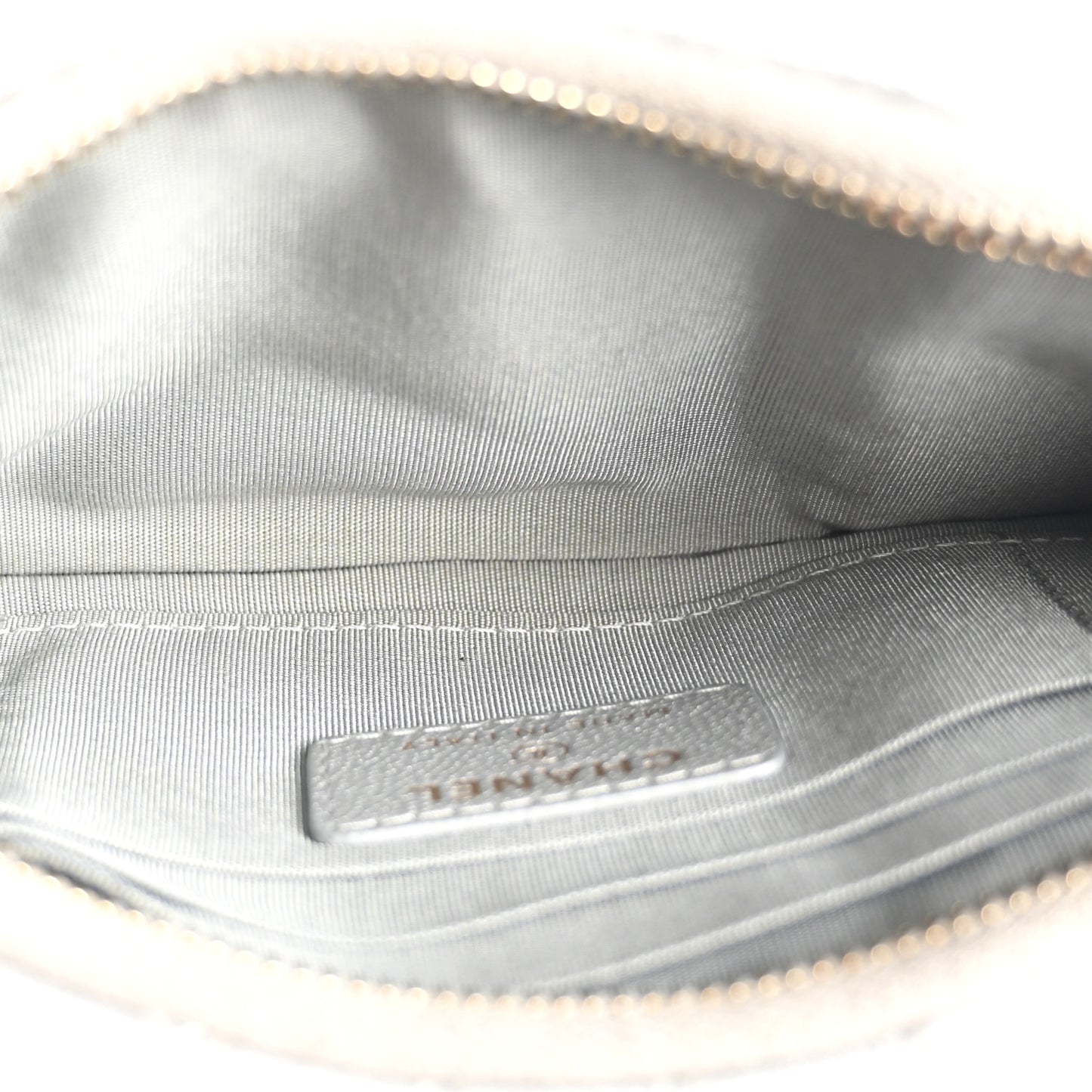 Metallic Goatskin Quilted Chanel 19 Flat Wallet Pouch Silver