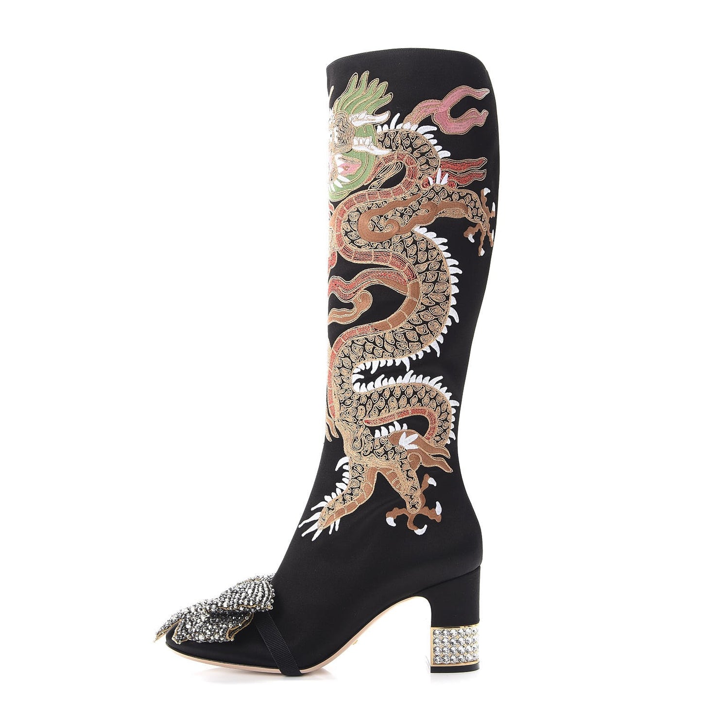 Silk Satin Malaga Kid Embroidered Candy Dragon Block-Heel Knee Boot 40 Nero Black