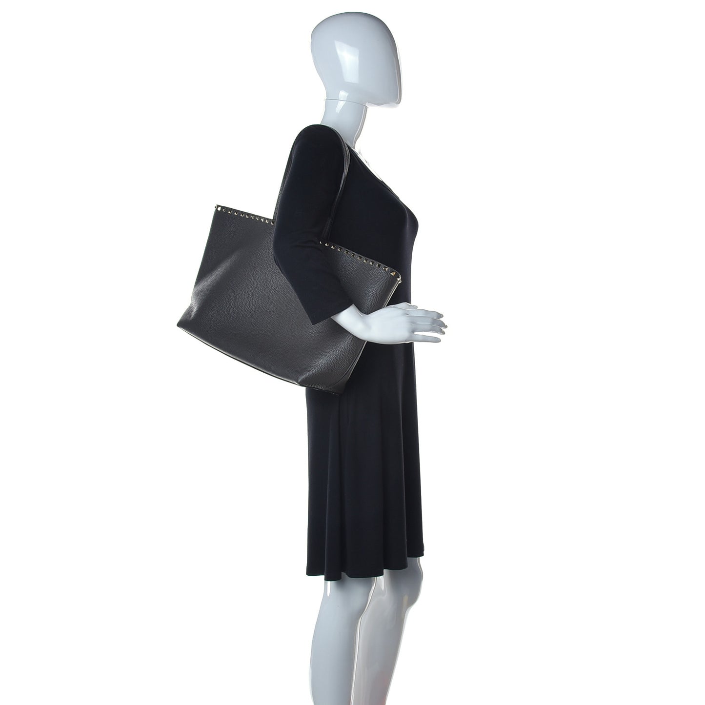Grained Calfskin Rockstud Shoulder Tote Graphite
