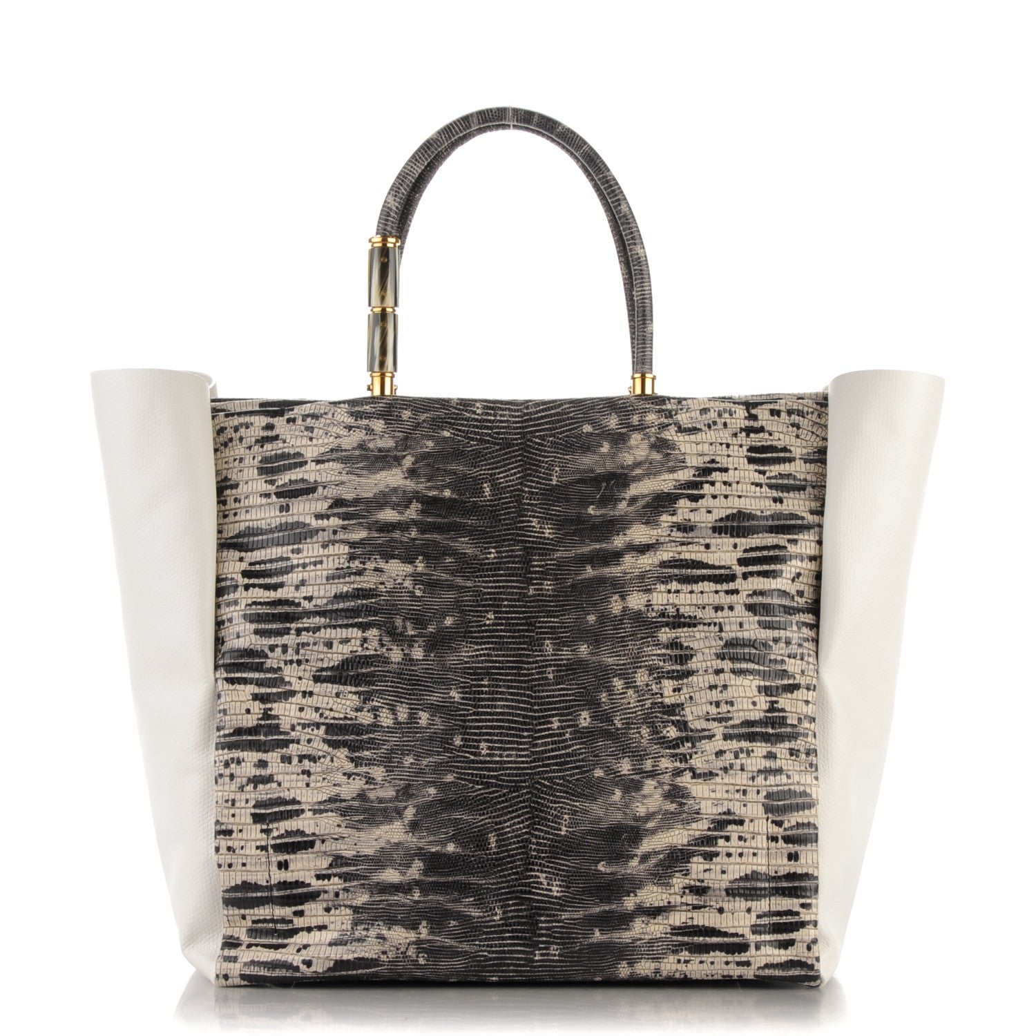 Lanvin Lizard Effect Moonriver Tote Calfskin Tote Black White 1 of 7