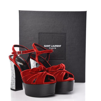Saint Laurent Velluto Claire Tripon Glitter Platform Sandals 37 Rosso Argento 9 of 9