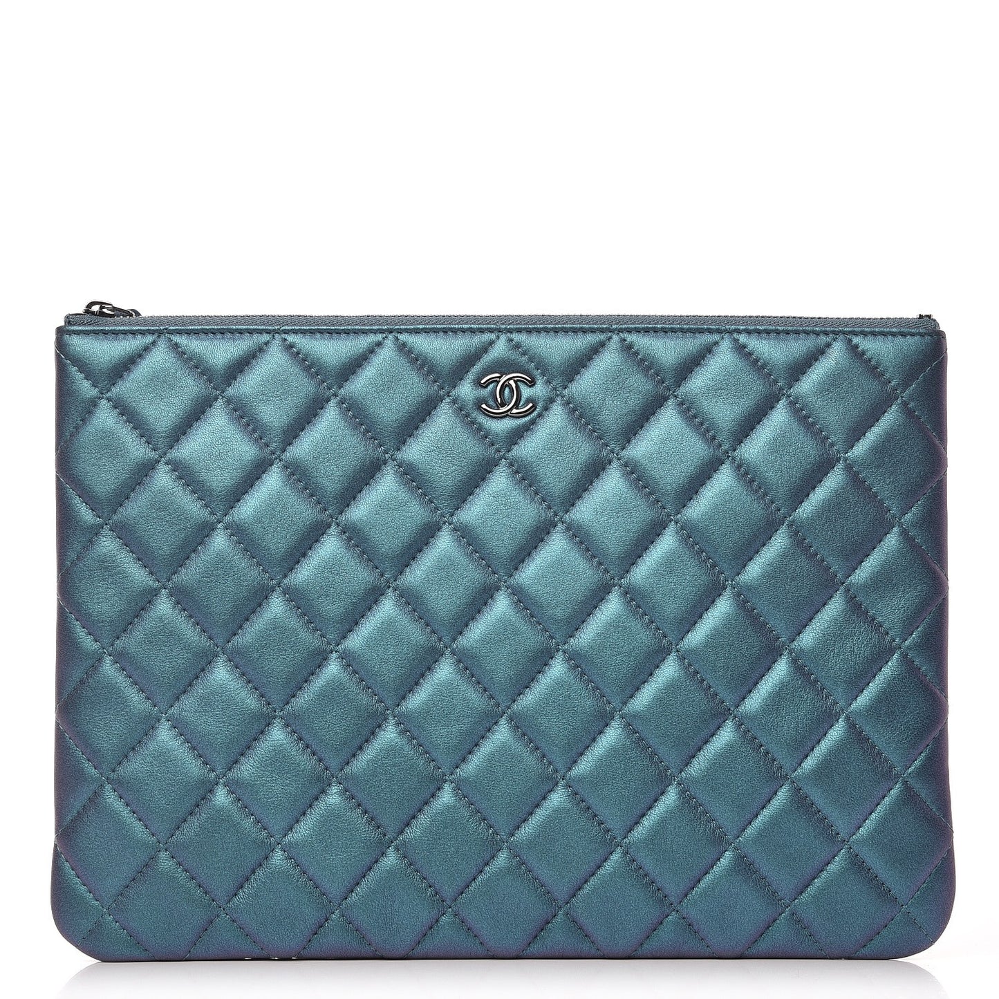 Iridescent Lambskin Quilted Medium Cosmetic Case Turquoise