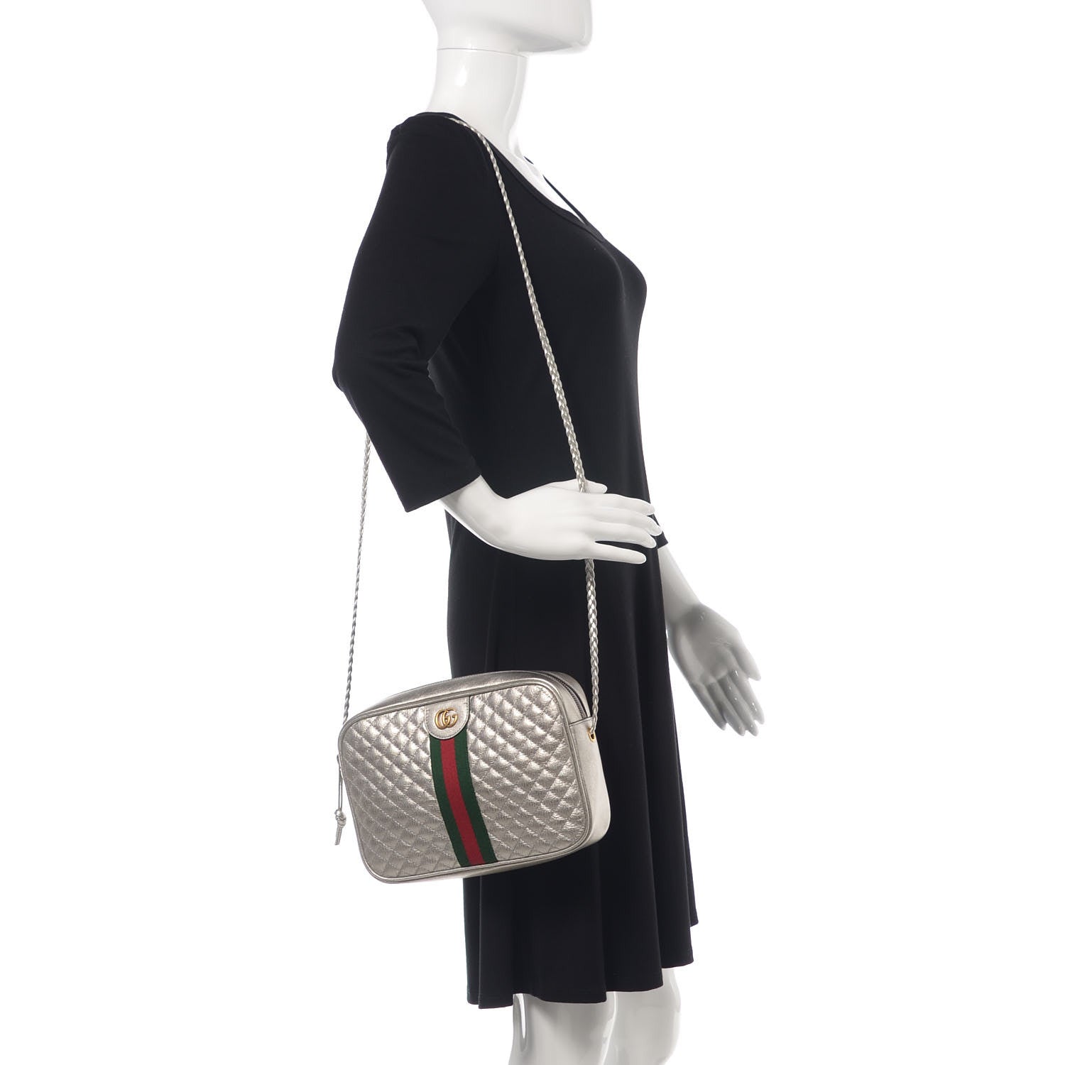 Gucci Laminated Nappa Web Trapuntata Small GG Shoulder Bag Argento 2 of 9