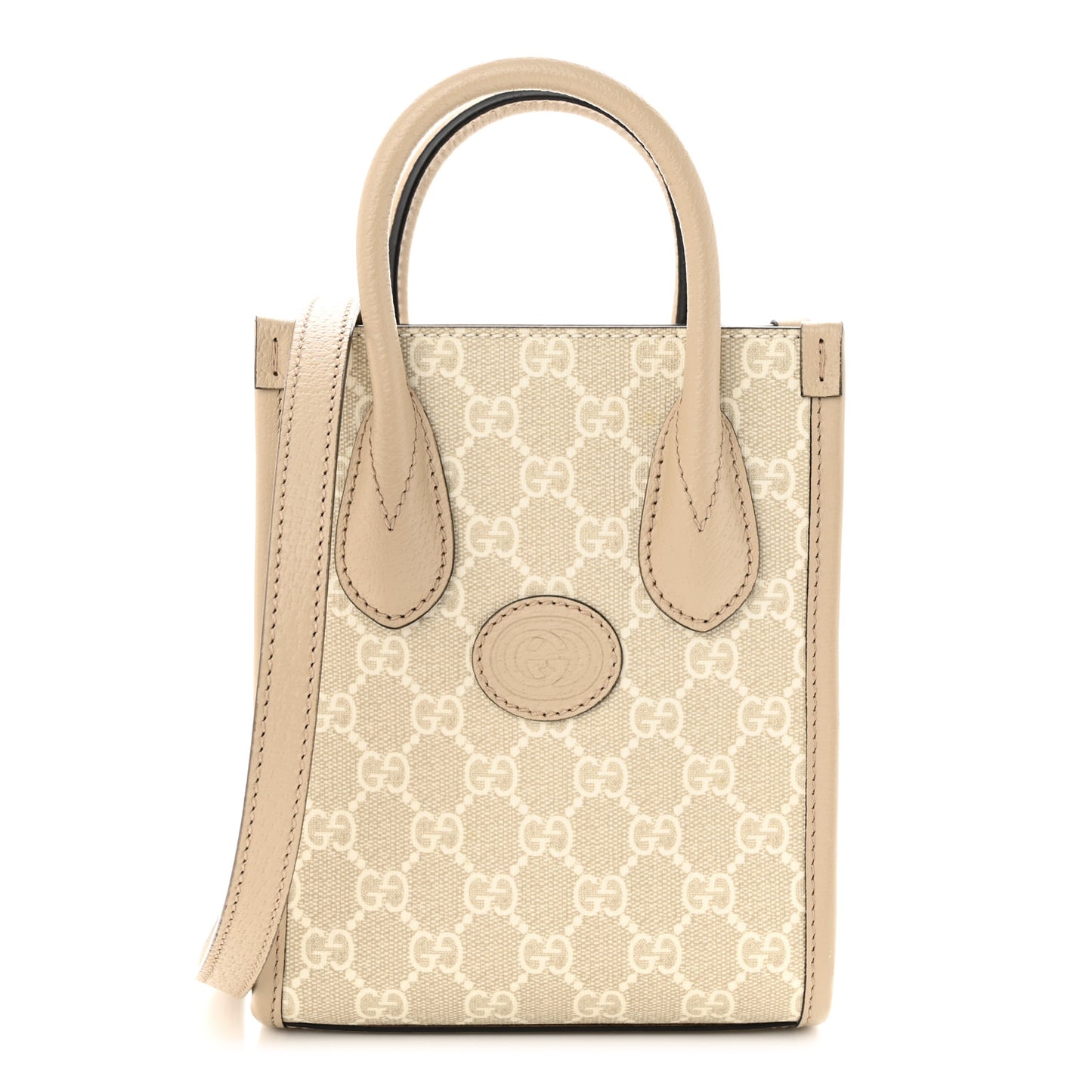 GG Supreme Monogram Textured Dollar Calfskin Mini Retro Interlocking G Tote Bag Beige Mystic White Oatmeal