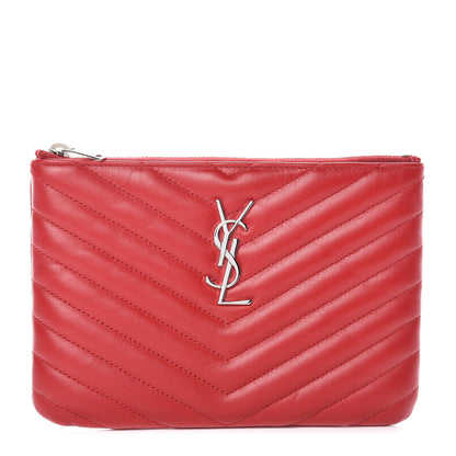 Saint Laurent Calfskin Matelasse Chevron Monogram Pouch Red 1 of 9
