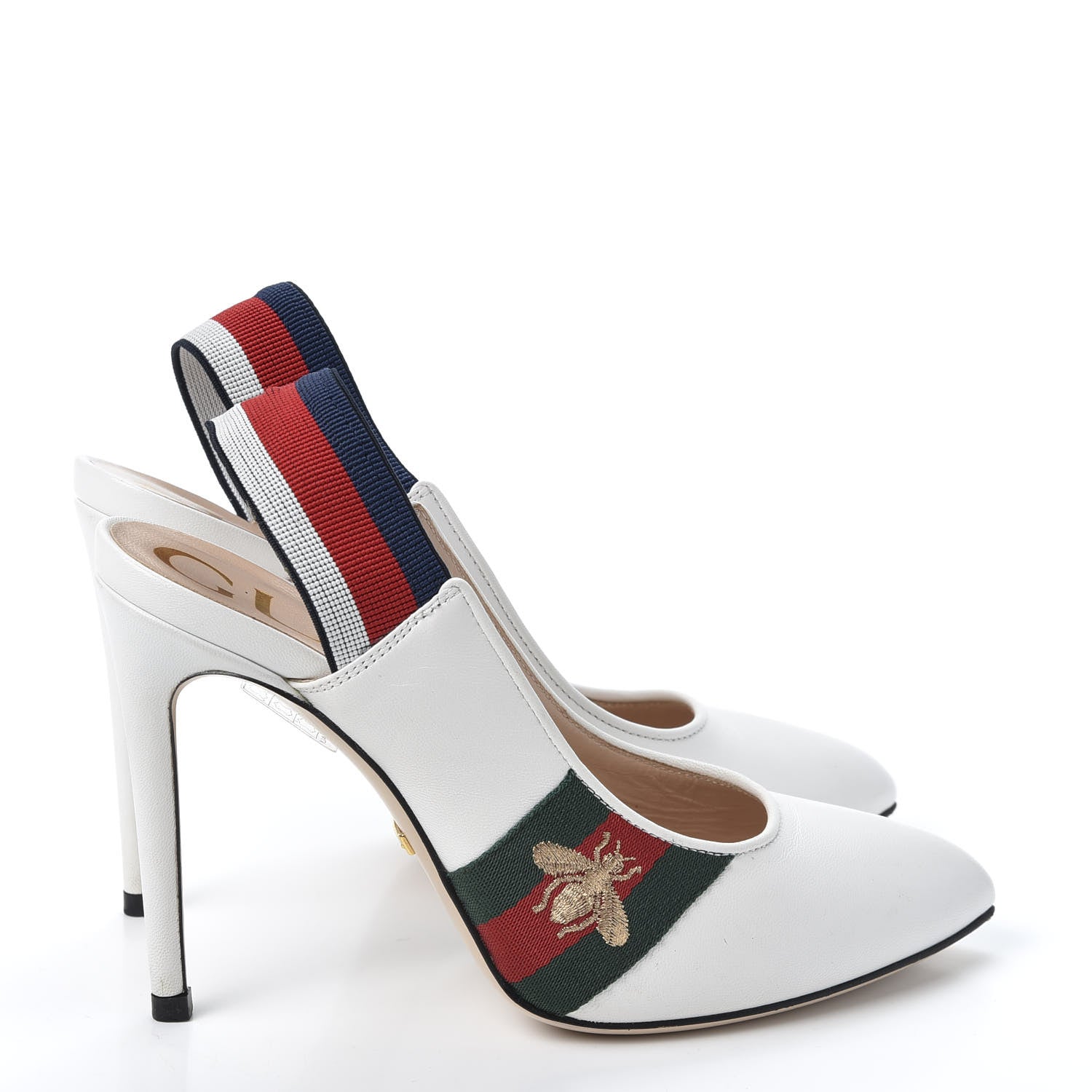 Gucci Malaga Kid Web Sylvie High Heel Slingback Pumps 36 White 4 of 13