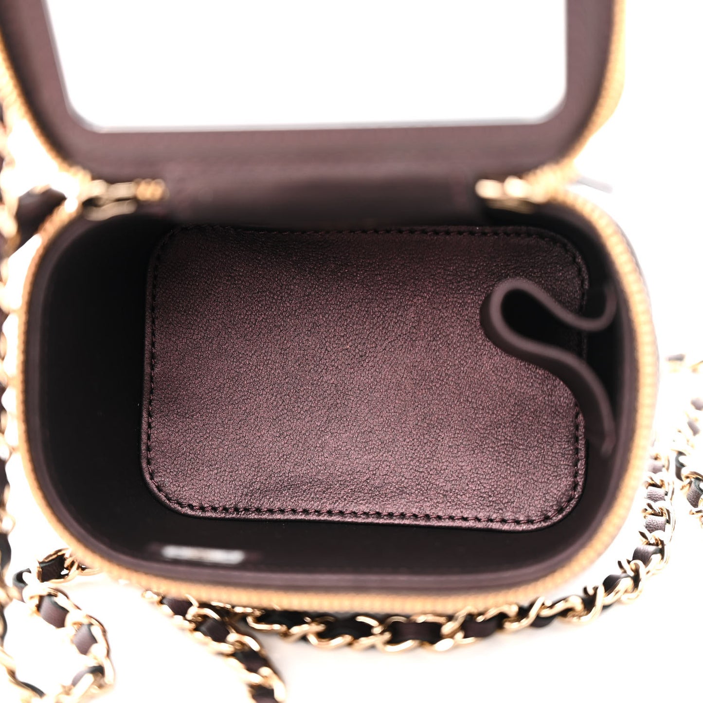 Iridescent Lambskin Quilted Mini Top Handle Vanity Case With Chain Burgundy