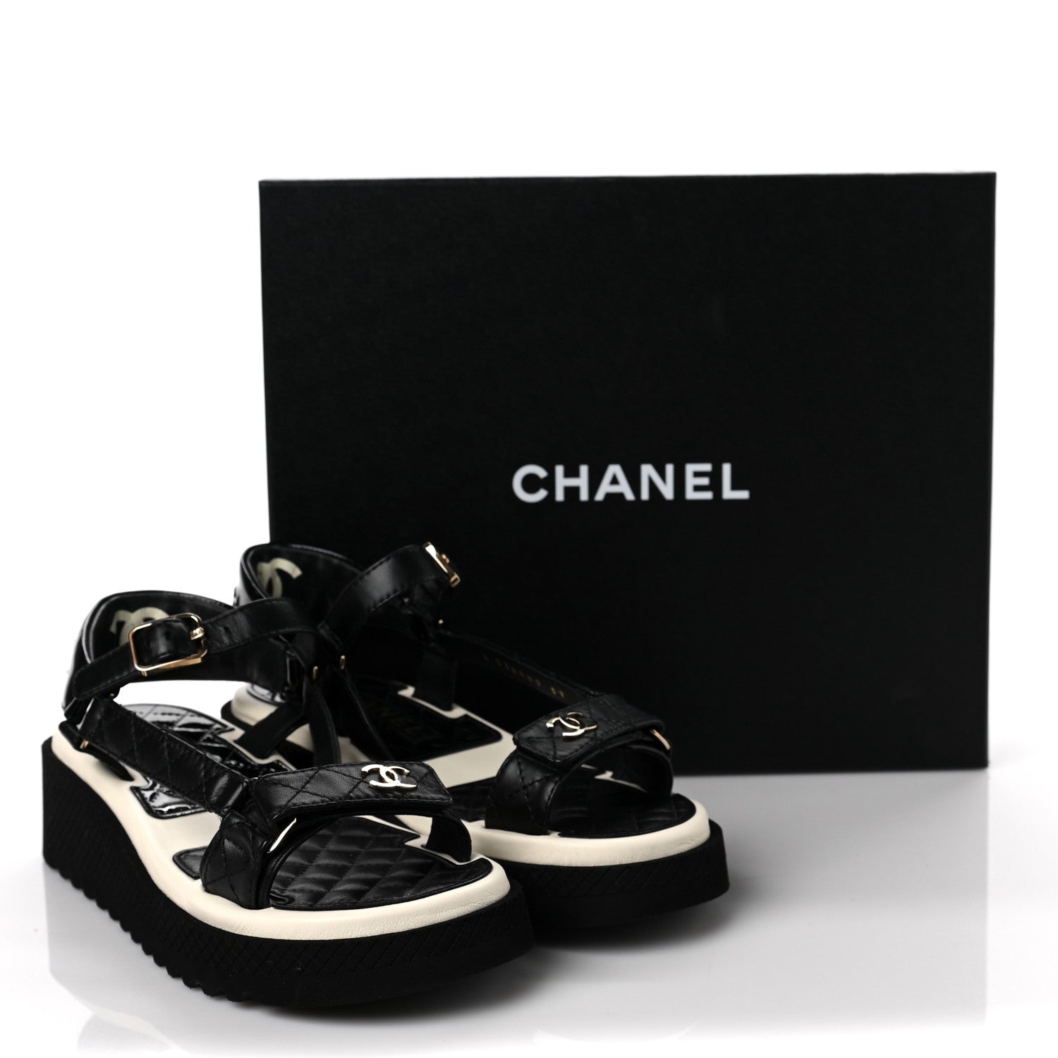 Chanel Lambskin Logo Platform Sandals 37 Black White 10 of 10