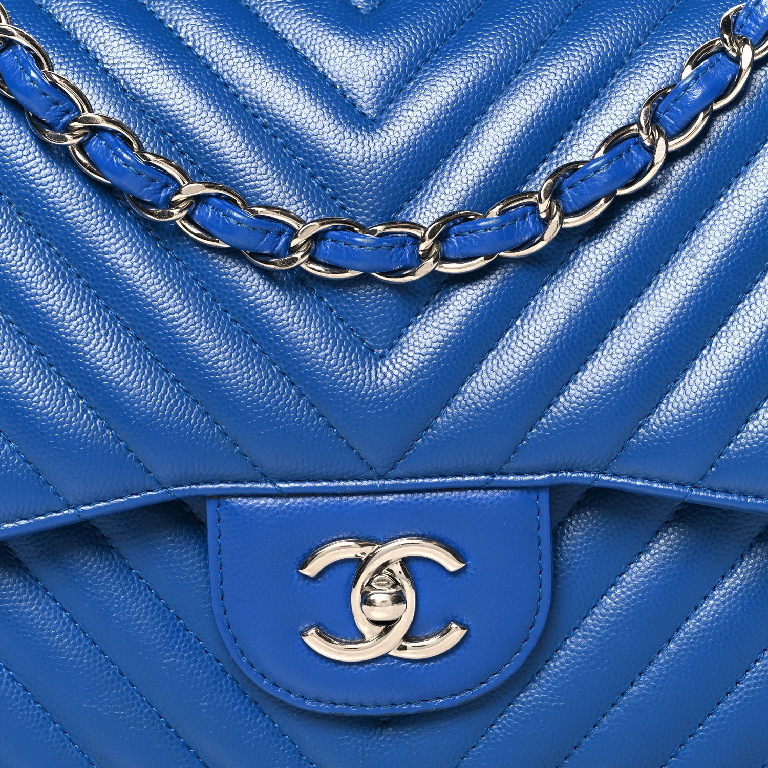 Chanel Caviar Chevron Quilted Jumbo Double Flap Blue 8 of 13