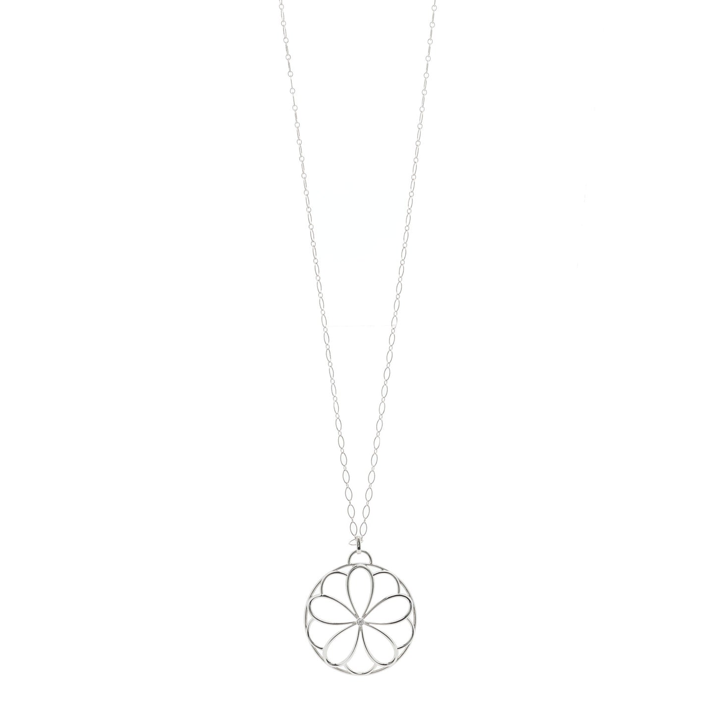Sterling Silver Diamond Large Garden Flower Pendant Necklace