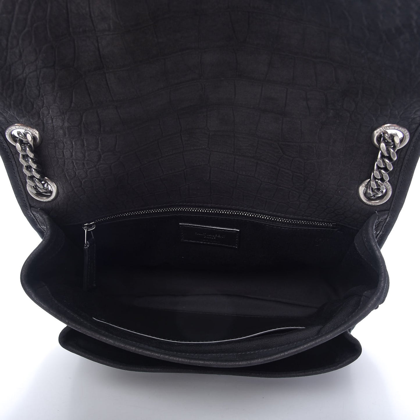 Nubuck Crocodile Embossed Monogram Medium Niki Chain Satchel Black