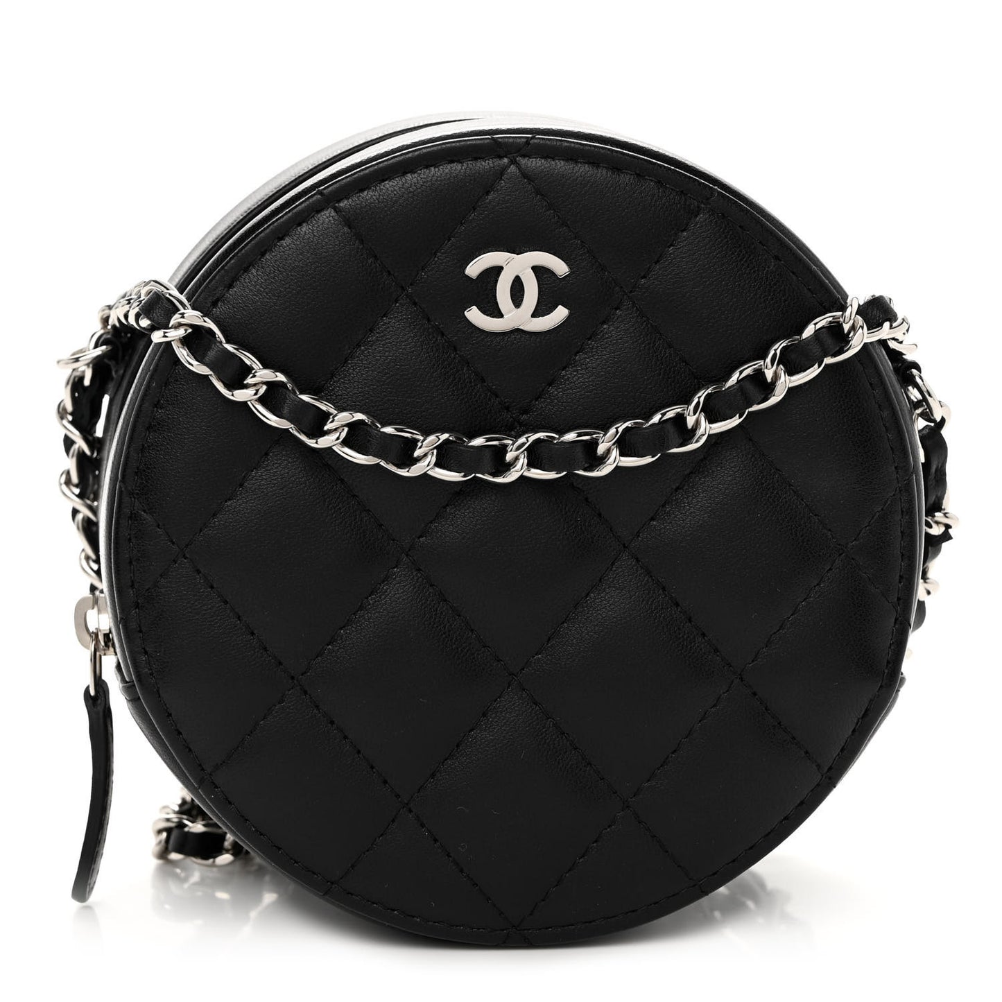 Lambskin Quilted Round Clutch With Chain Black