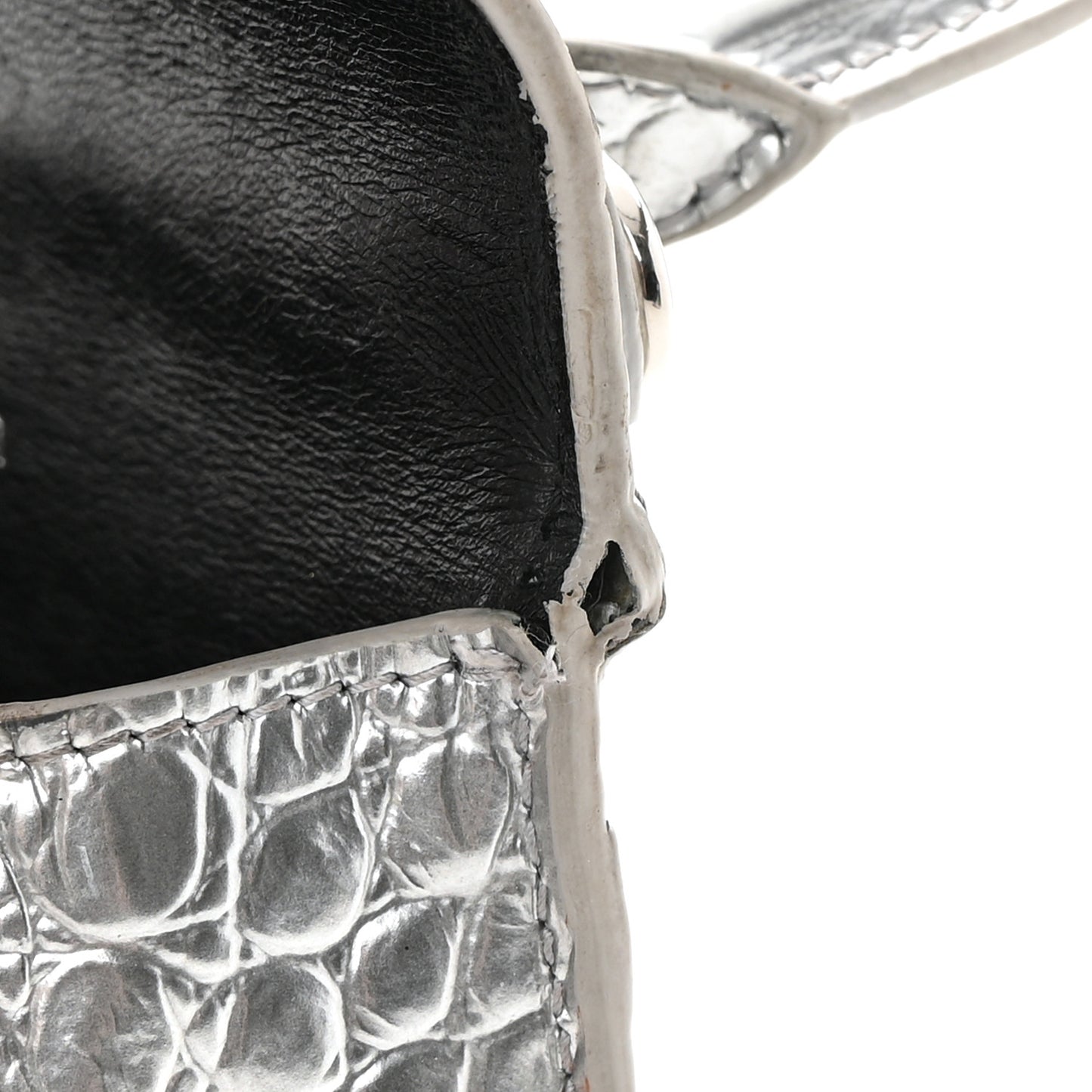 Metallic Calfskin Crocodile Embossed Hourglass Top Handle Bag XS Silver