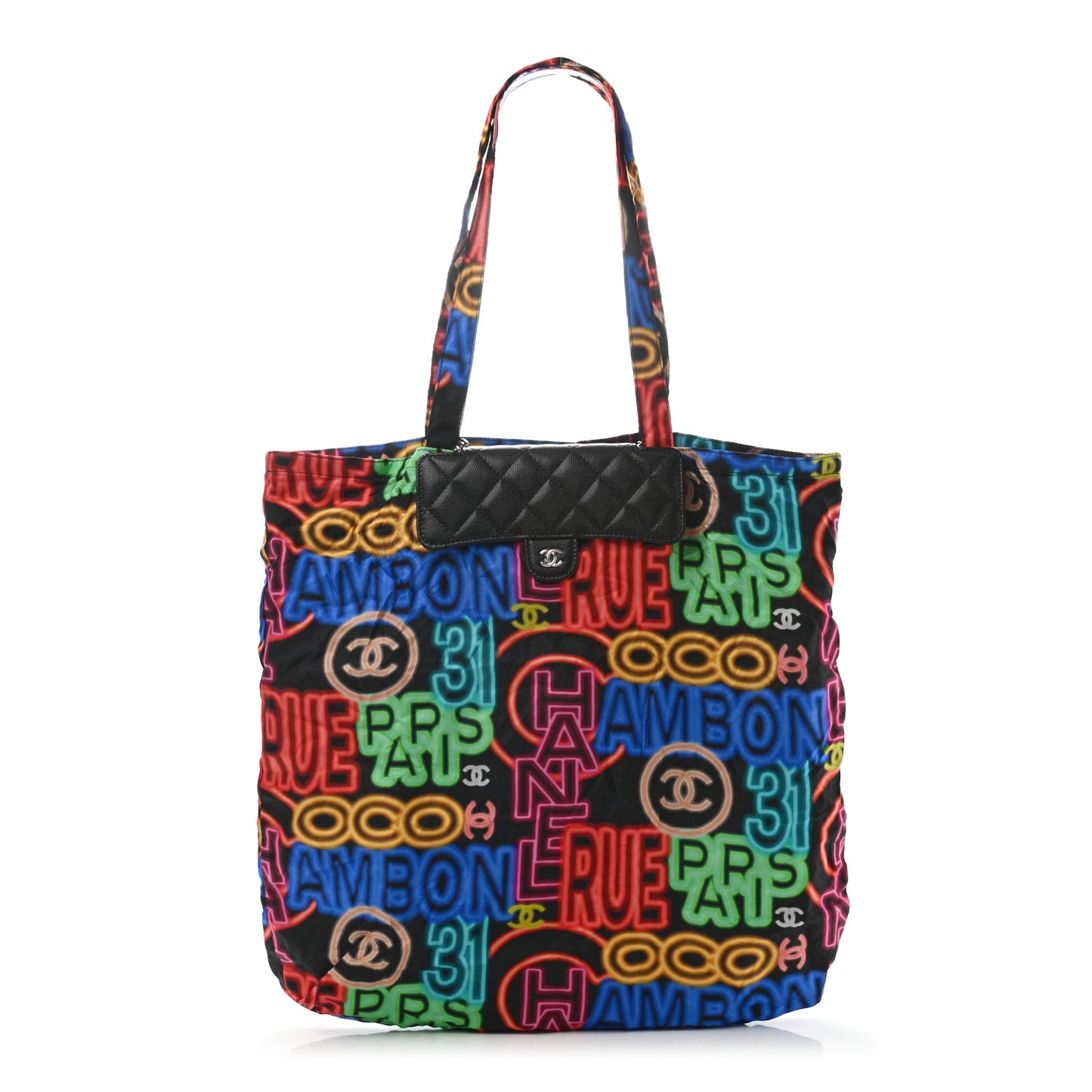 Caviar Fabric Graffiti Foldable Tote Bag With Chain Black Multicolor