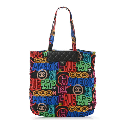 Chanel Caviar Fabric Graffiti Foldable Tote Bag With Chain Black Multicolor 4 of 12