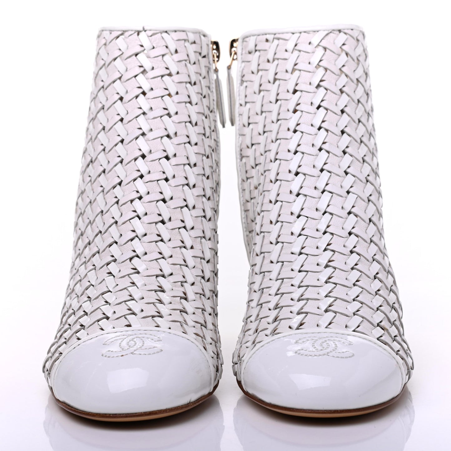 Woven Lambskin Patent Calfskin Cap Toe Short Boots 40 White