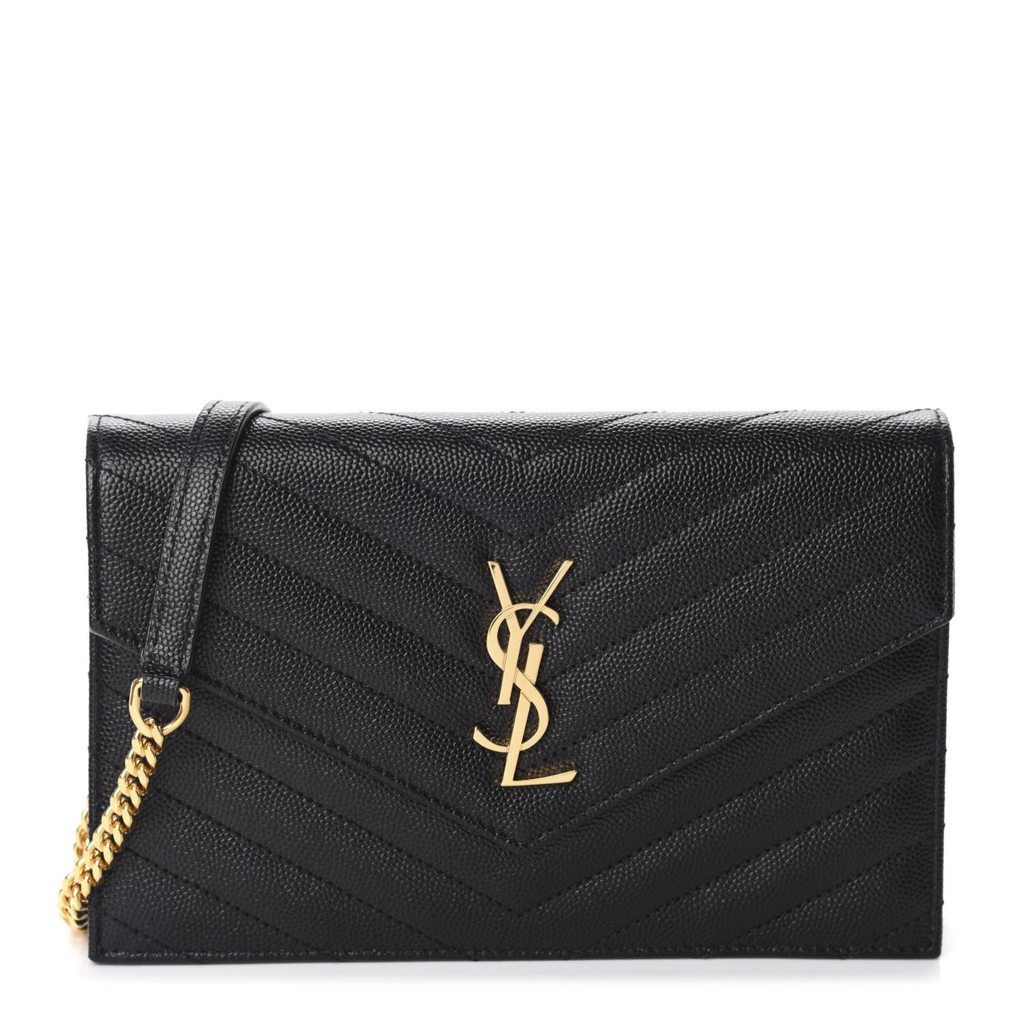 Grain De Poudre Matelasse Chevron Monogram Envelope Chain Wallet Black