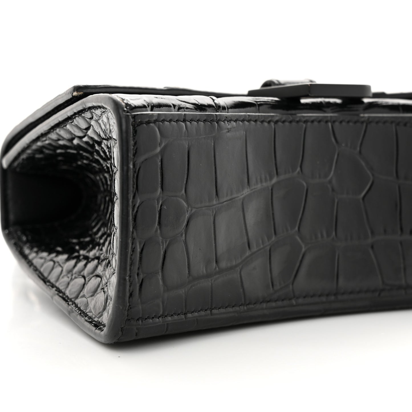 Shiny Calfskin Monochrome Crocodile Embossed Hourglass Top Handle Bag XS Black