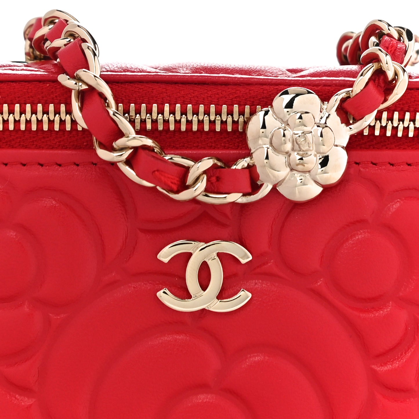 Lambskin Camellia Embossed Mini Vanity Case With Chain Red