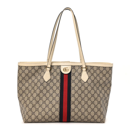Gucci GG Supreme Monogram Textured Dollar Calfskin Web Medium Ophidia Shopping Tote Beige Ebony Mystic White 1 of 10