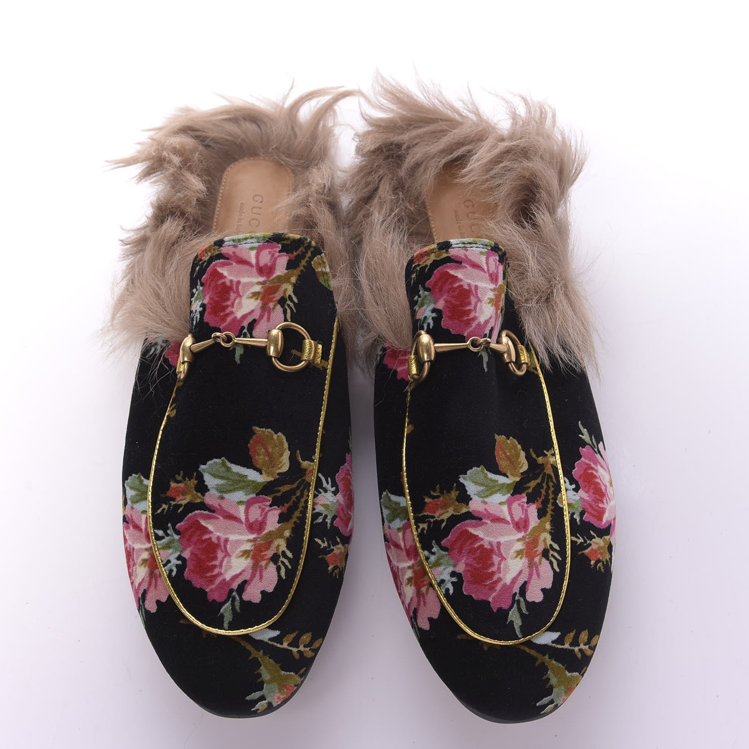 Gucci Velvet Fur Floral Womens Princetown Slippers 41 Black 5 of 10