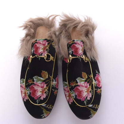 Gucci Velvet Fur Floral Womens Princetown Slippers 41 Black 5 of 10