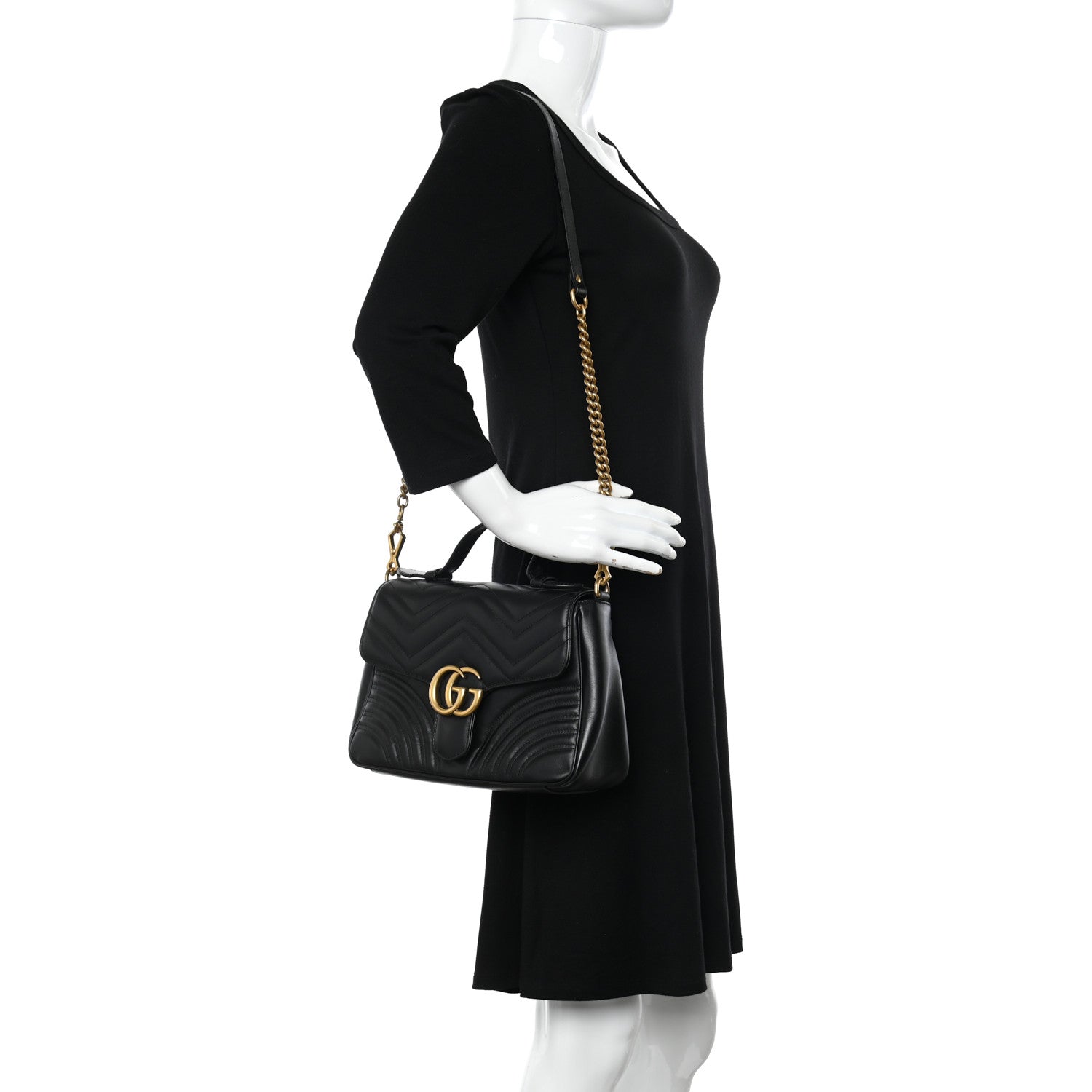 Gucci Calfskin Matelasse Small GG Marmont Top Handle Shoulder Bag Black 2 of 13
