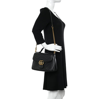 Gucci Calfskin Matelasse Small GG Marmont Top Handle Shoulder Bag Black 2 of 13
