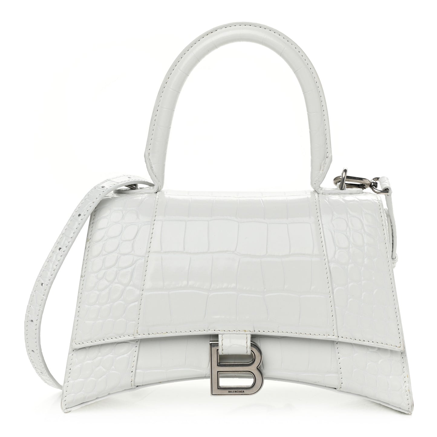 Calfskin Crocodile Embossed Small Hourglass Top Handle Bag White