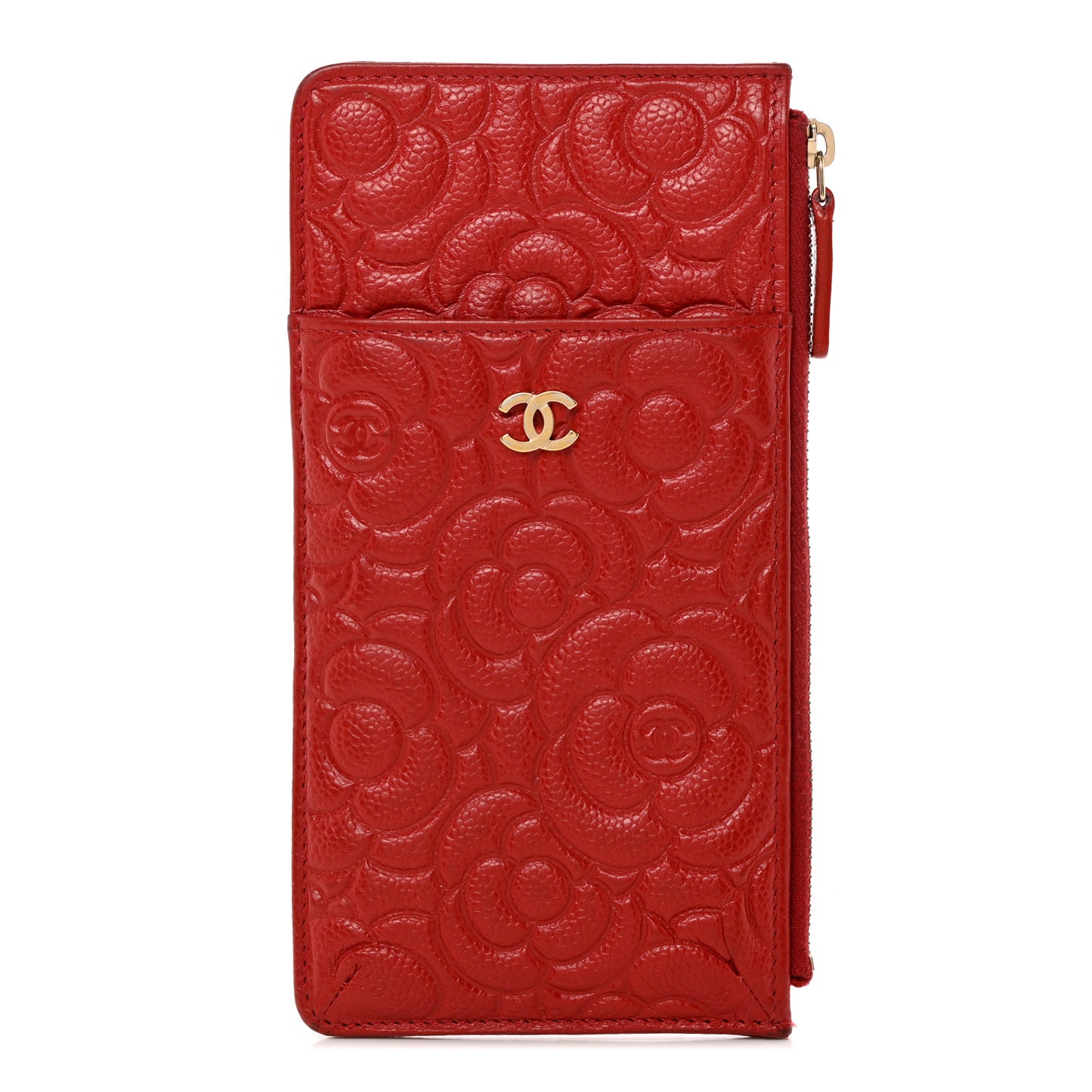 Caviar Camellia Embossed Classic Flat Wallet Pouch Red