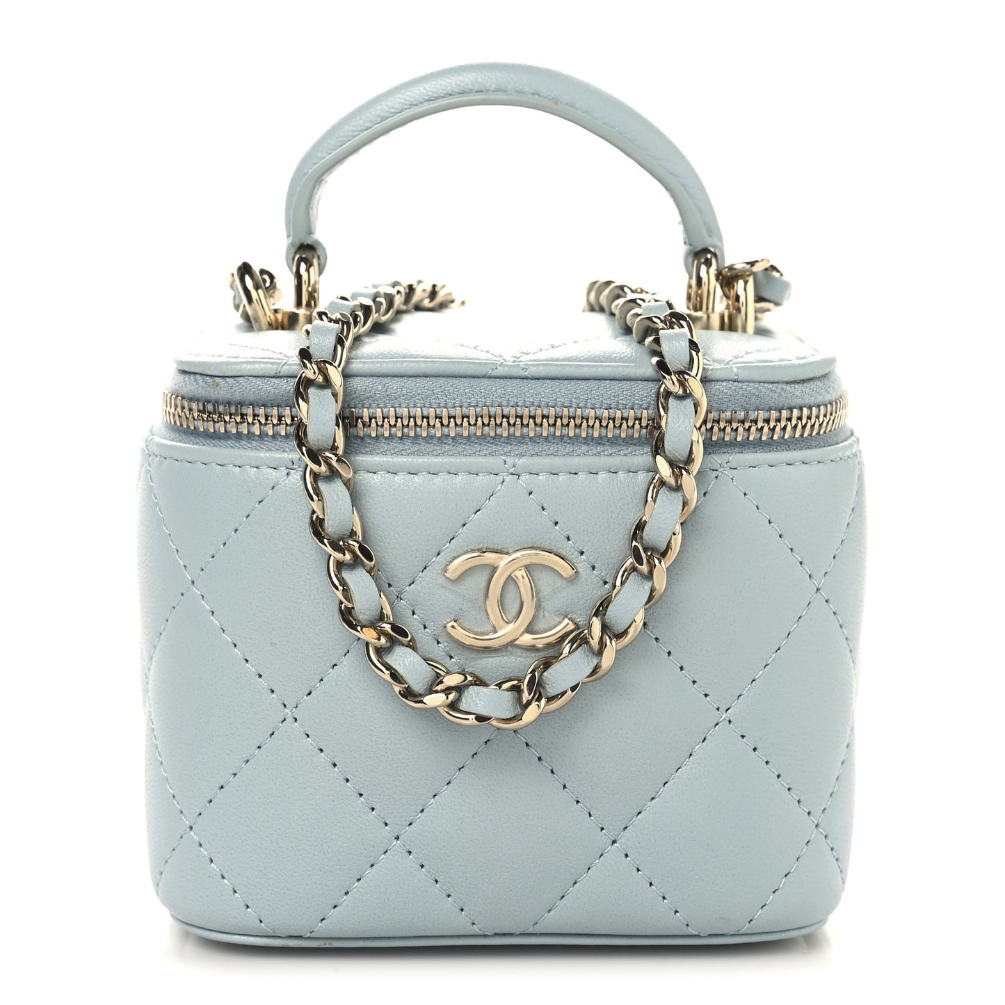Lambskin Quilted Top Handle Mini Vanity Case With Chain Light Blue