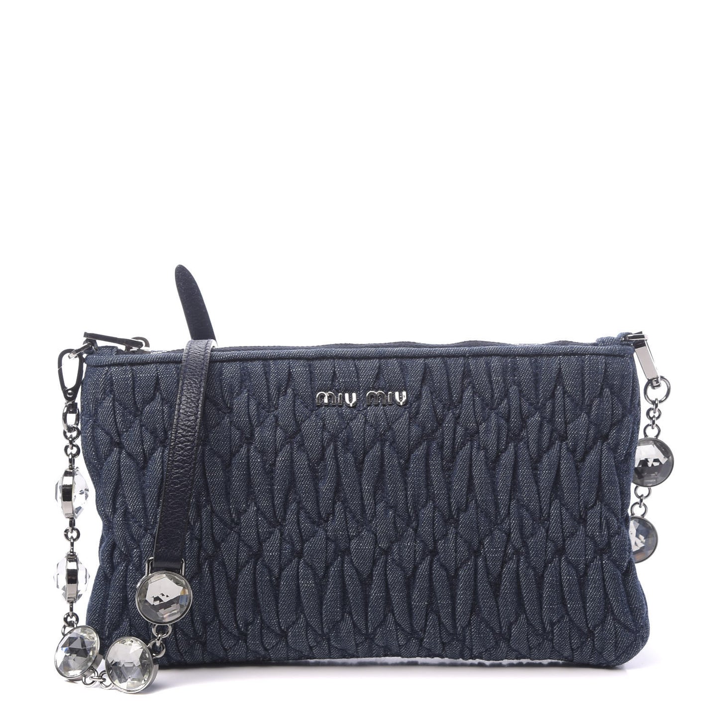 Denim Matelasse Crystal Chain Crossbody Bag Blue