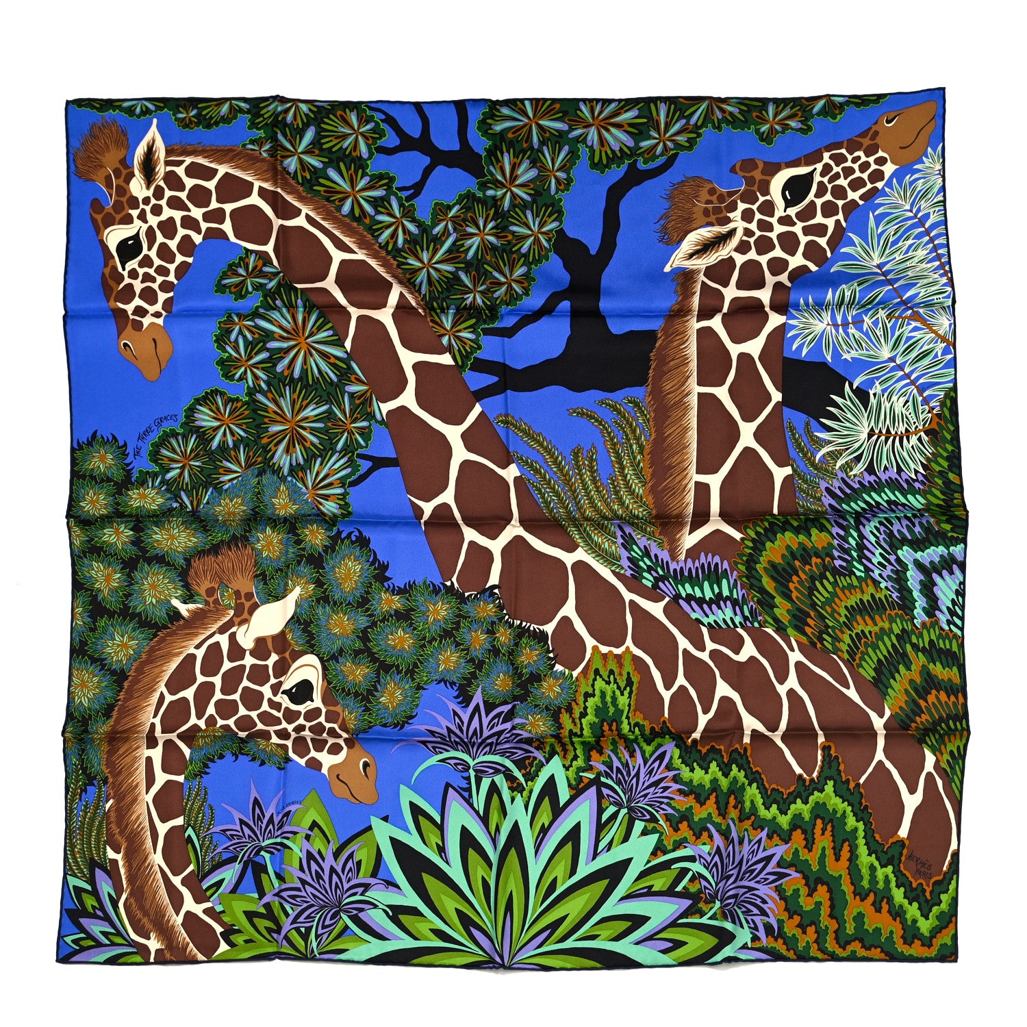 Hermes Silk The Three Graces Scarf 90 Bleu Vif Marron Vert 1 of 6