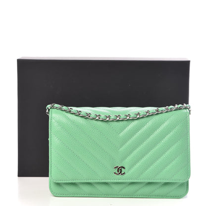 Chanel Caviar Chevron Quilted Wallet On Chain WOC Green 11 of 11